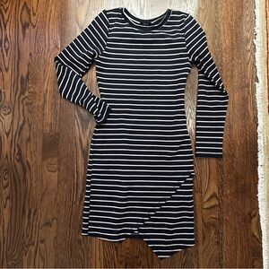 Iris Mini Dress navy & tan Striped Knit Long Sleeve Bodycon Asymmetrical dress